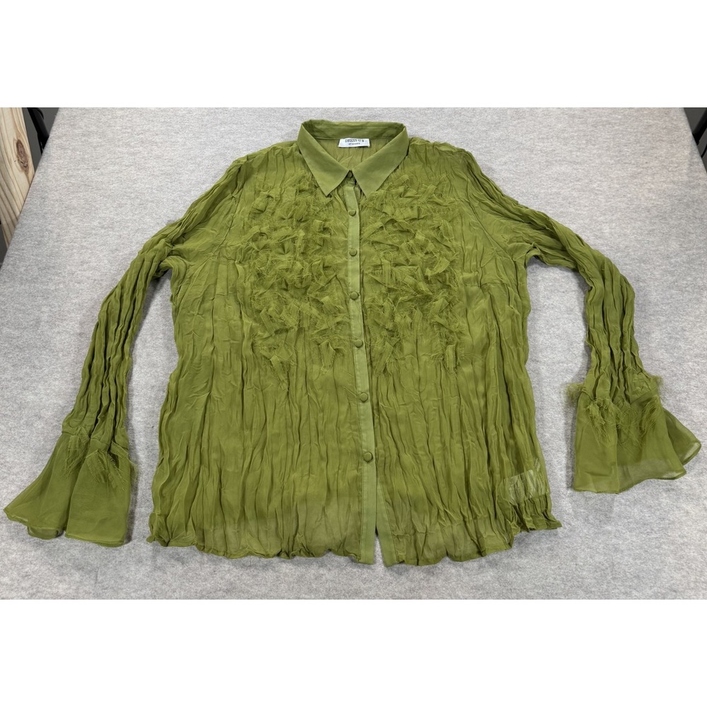 Dress U II By Sharon Blouse Womens 3X Green Ruffle Sheer Textured Button Front
